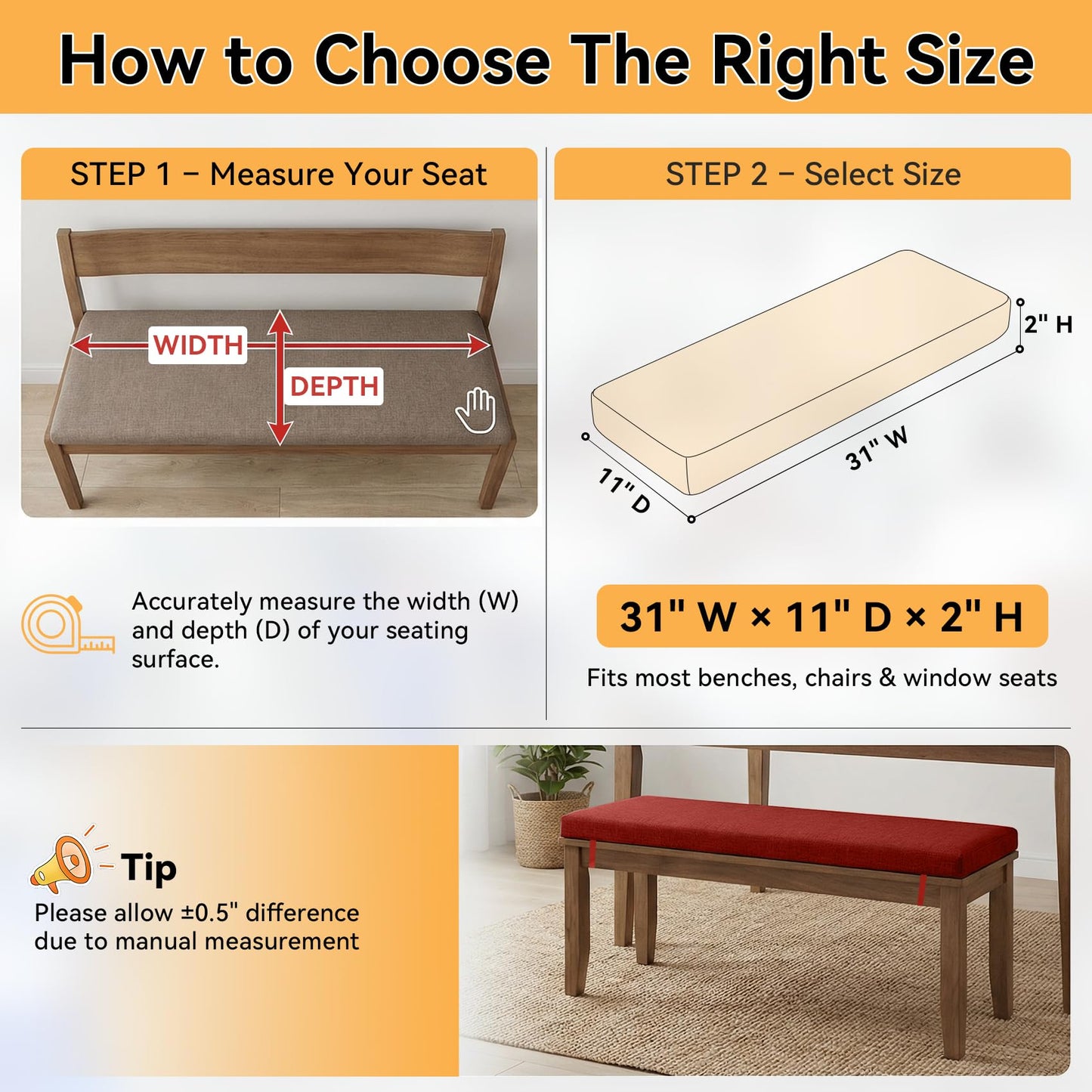 ROFIELTY Bench Cushion 30.5 inch, Durable Bench Cushions for Indoor Furniture, Non-Slip Window Seat Cushion Indoor, Personalized Custom Bench Cushion (Red, 30.5x11x2)