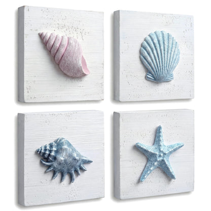 TideAndTales Beach Decor Seashell Wall Art - (Set of 4) Textured 3D Shells and Starfish Decorations for Home or Beach House, Rustic Ocean Theme Coastal Bedroom or Bathroom Wall Decor 6" x 6"