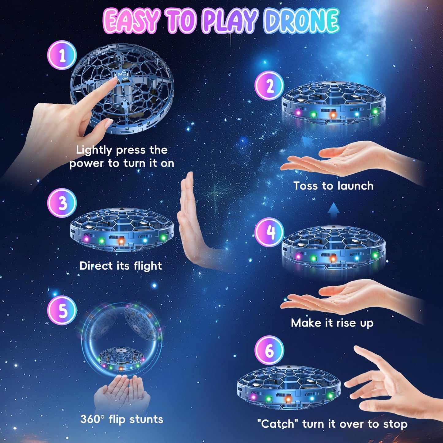 TSM005 Mini Drone for Kids,Hand Operated UFO Toy,Flip Stunt Hover Toy with LED,Easy Indoor Outdoor Flying Toys,Rechargeable UFO Drone for Kids 6-8-12 ,Cool Christmas Birthday Gifts for Boys Girls(Blue)