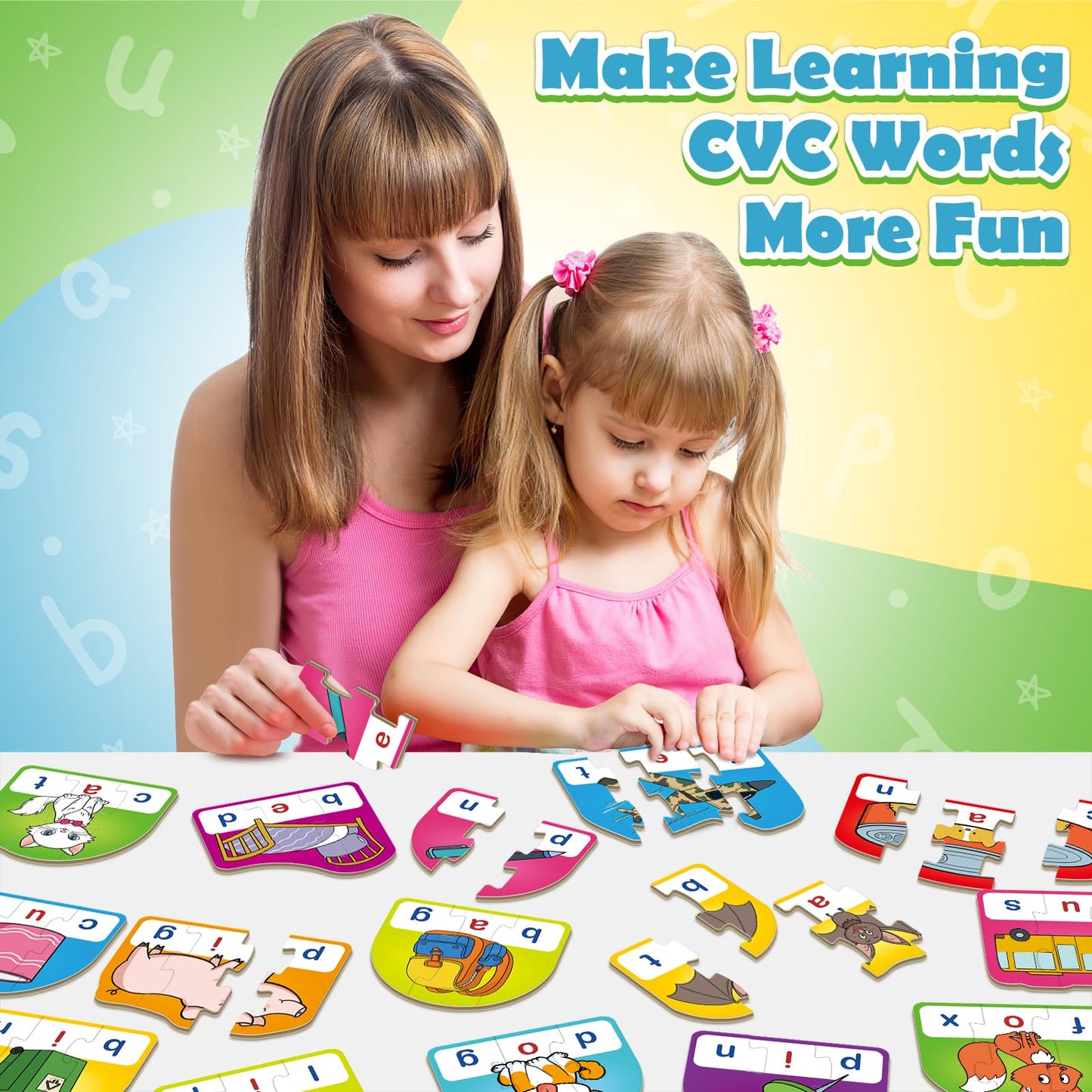 HugHush CVC Puzzle Cards for Kids, Toddler Speech Therapy Toys, 3 Letter Word Puzzle, Reading Spelling Game, Preschool Classroom Must Have