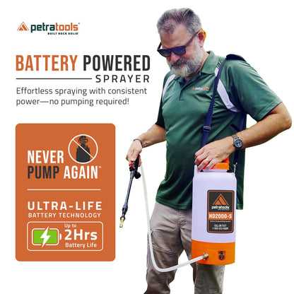 PetraTools Battery Powered Sprayer 2 Gallon - HD2000-S - Heavy Duty Electric Sprayer for Lawn and Garden Weed/Pest Control, Watering - with Battery, Charger & 2 Nozzles (2 Gallon)