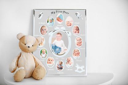 Tiny Ideas Baby’s My First Year Picture Frame, Monthly Milestone Photo Collage, 12 Month Baby Keepsake, Nursery Wall Decor and Baby Gift, Silver