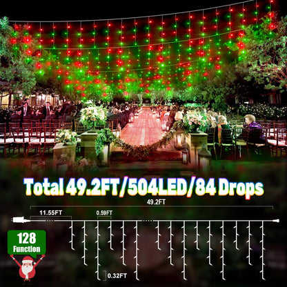 HGJ 49FT 128 Functions Christmas Icicle Lights Outdoor with 504 LED 8 Modes and Timer Curtain Lights Outside for Garden Holiday Gatherings Indoor Outdoor Decorations
