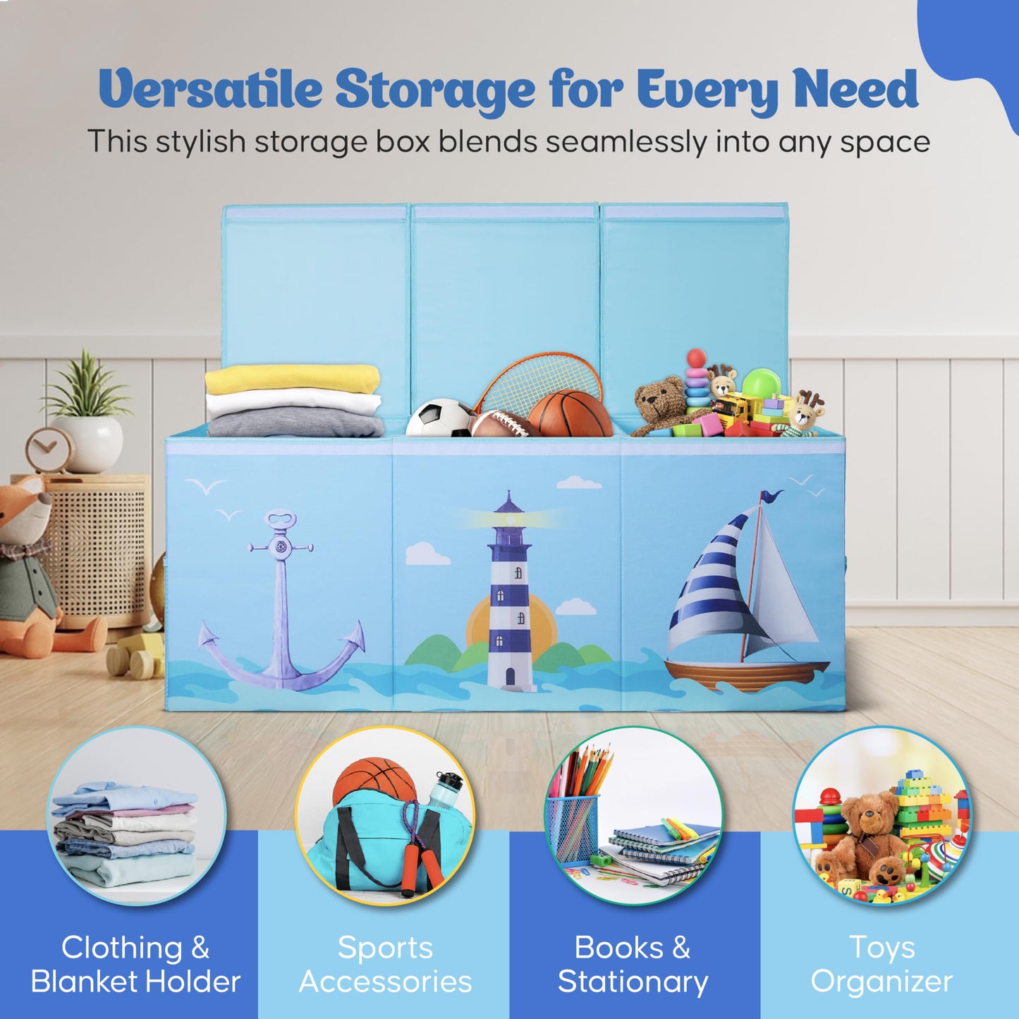 Rossoff Extra Large Collapsible Sturdy Toy Storage Organizer with Lids, Ocean Theme Toy Box for Boys & Girls, 40"x16"x16", Modern, Blue