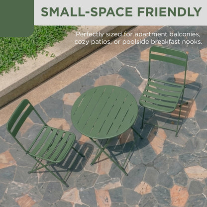 Alpine Corporation VTFAM168A-GN 3-Piece Green Metal Folding Bistro Set – 20" Round Patio Table with 2 Folding Chairs – Portable Indoor/Outdoor Balcony & Garden Furniture Set