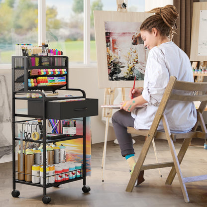Homsorout Art cart, 3 Tier Rolling Cart - Utility Cart with Storage Drawer and Wheels, Versatile Art & Craft Organizer for Home, Office, or Studio Ideal for Storing Brushes, Paints (Black)