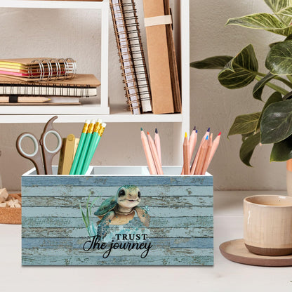 DILSJ Coastal Beach Sea Turtle Pen Pencil Holder Organizer for Desk, Sea Turtle Gifts, Trust the Journey Inspirational Wooden Box Signs for Home Office Desk Tabletop Decoration