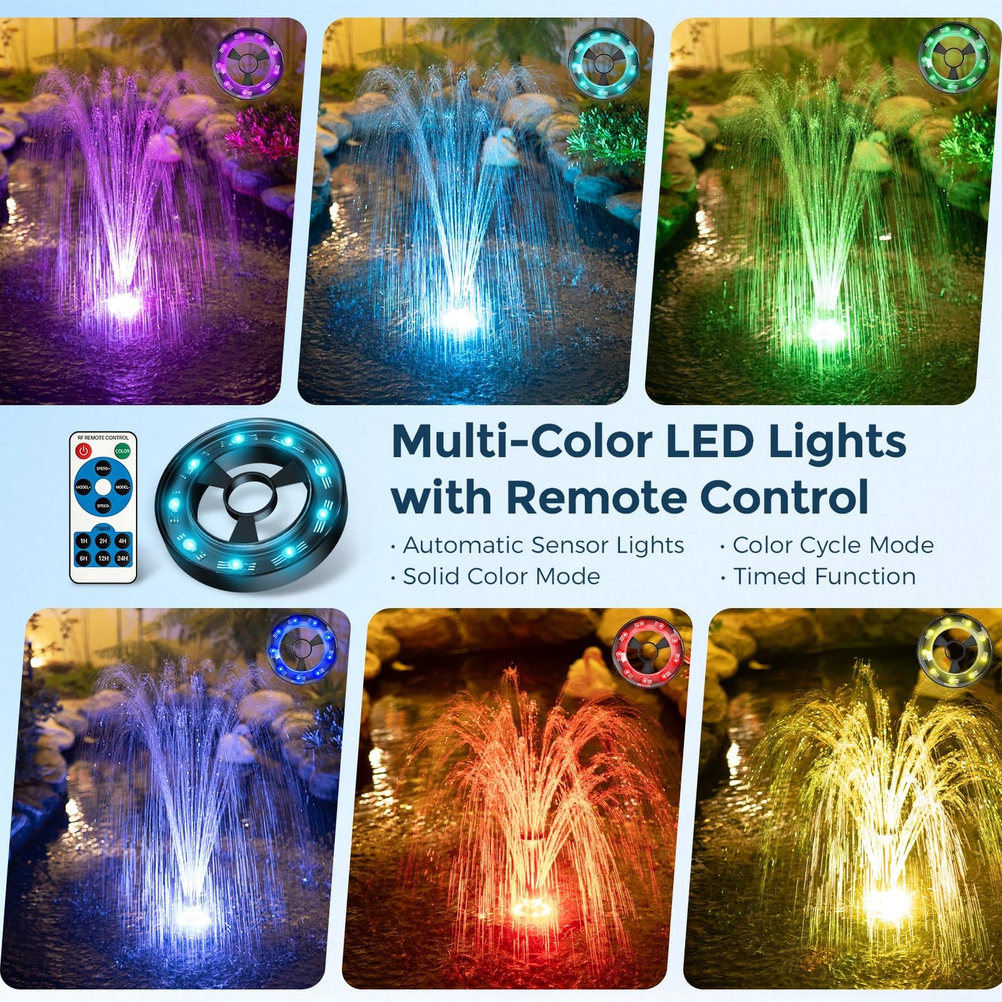 POPOSOAP Floating Fountain With LED Lights, Pond Fountain and Aerator Complete Kit with 660GPH Water Pump 27FT Power Cord, 3 Spray Styles for Ponds, Pool, Water Gardens P130