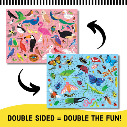 Mudpuppy Bugs and Birds Double-Sided Puzzle, 100 Pieces, 22” x 16.5” – Perfect Family Puzzle for Ages 6+ - Colorful Illustrations of Birds on One Side and Bugs on the Other, Multicolor (0735363749)