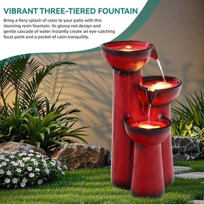 Ultym 27" Outdoor Water Fountain with LED Lights, 3-Tier Cascading Faux Ceramic Column Water Feature with Pump for Garden Patio Backyard, Weather-Resistant Resin Waterfall for Serene Oasis, Red