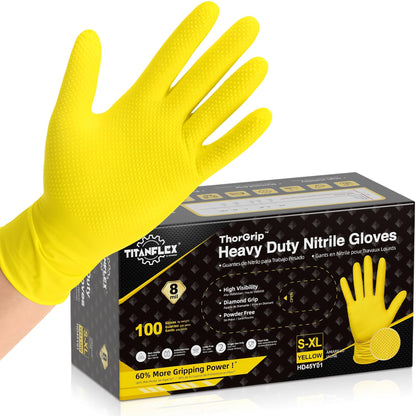 Titanflex Heavy Duty Nitrile Gloves Disposable, Industrial 8 Mil Thick Mechanic Glove Diamond Texture Grip for Food Prep, House Cleaning, Waterproof, Latex Free, Powder Free, Yellow, 100-ct Box(Small)