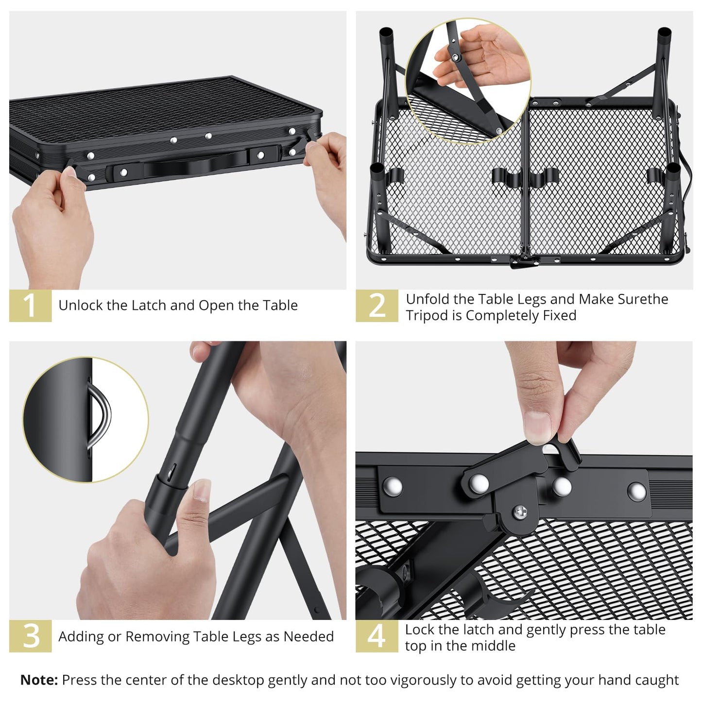 Anbte Folding Grill Table, Aluminum Camping Table Adjustable Height Max 27.5" Picnic Table Outdoor Table, Lightweight, Portable Handle for Travel Cooking BBQ Picnic, 22.8" x 16", Black