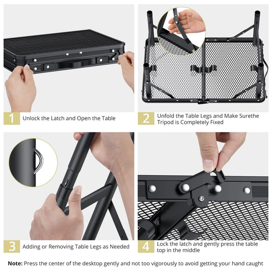 Anbte Folding Grill Table, Aluminum Camping Table Adjustable Height Max 27.5" Picnic Table Outdoor Table, Lightweight, Portable Handle for Travel Cooking BBQ Picnic, 22.8" x 16", Black
