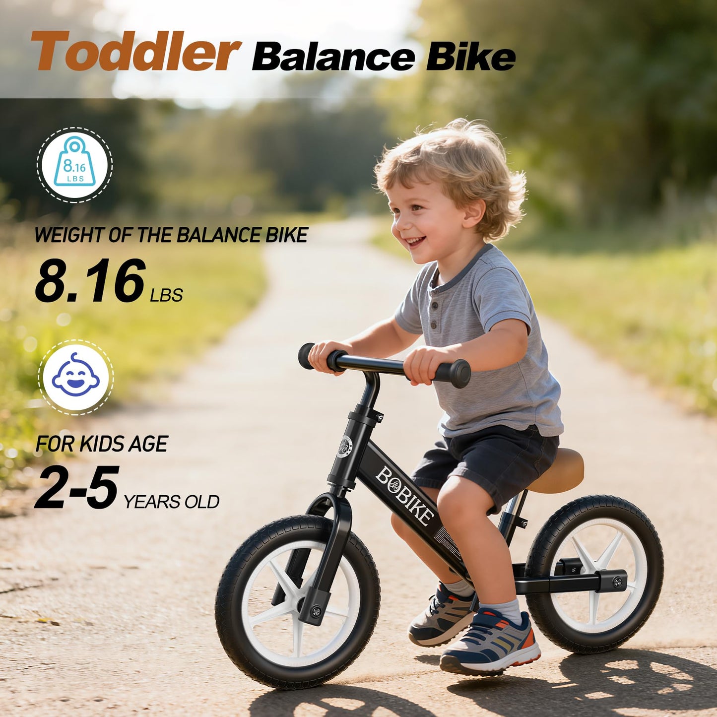 Bobike Toddler Balance Bike, Balance Bike with Footrest for Ages 2-5, Adjustable Seat & Handlebar, No-Pedal Training Bicycle, Gift for Boys and Girls(Black)