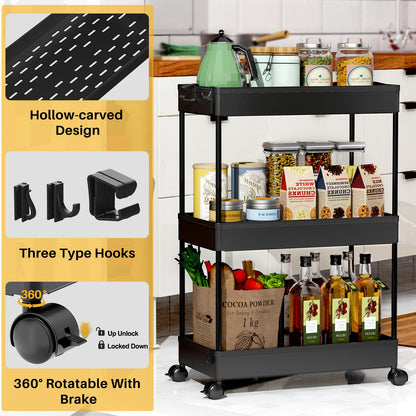 SPACEKEEPER Rolling Storage Cart 3 Tier Bathroom Cart Organizers with Wheels Laundry Room Organization Mobile Shelving Unit Utility Cart Storage Shelves Multi-Functional for Office, Home, Black