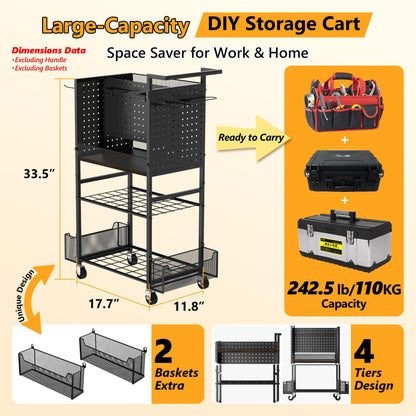 Tool Cart on Wheels, 4-Tier Metal Rolling Utility Cart with Pegboard & Storage Baskets, 242.5 lbs Heavy Duty Tool Storage Organizer for Garage, Workshop and DIY Projects