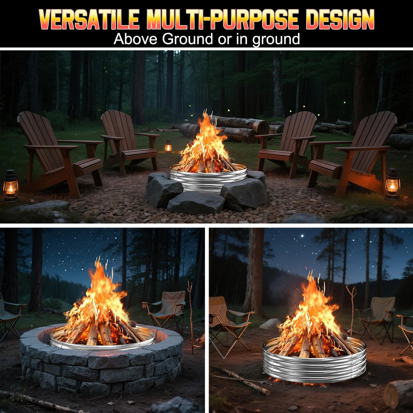 60 Inch Fire Pit Ring 5FT Galvanized Steel, 12" Raised Heavy Duty Wood Burning Fire Pits&Outdoor Fireplace, Heat Resistant Campfire Ring with Spark Guard, for Outdoor Backyard, Patio & Camping Use
