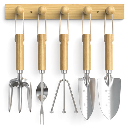 Grenebo Wood Wall Hooks Organizer Gardening Tool Set, 6-Piece Garden Tools with 5 Sturdy Wooden Hooks for Wall, Rust-Proof Outdoor Garden Tool Set, Gardening Gifts for Women, Coat Rack Wall Mount