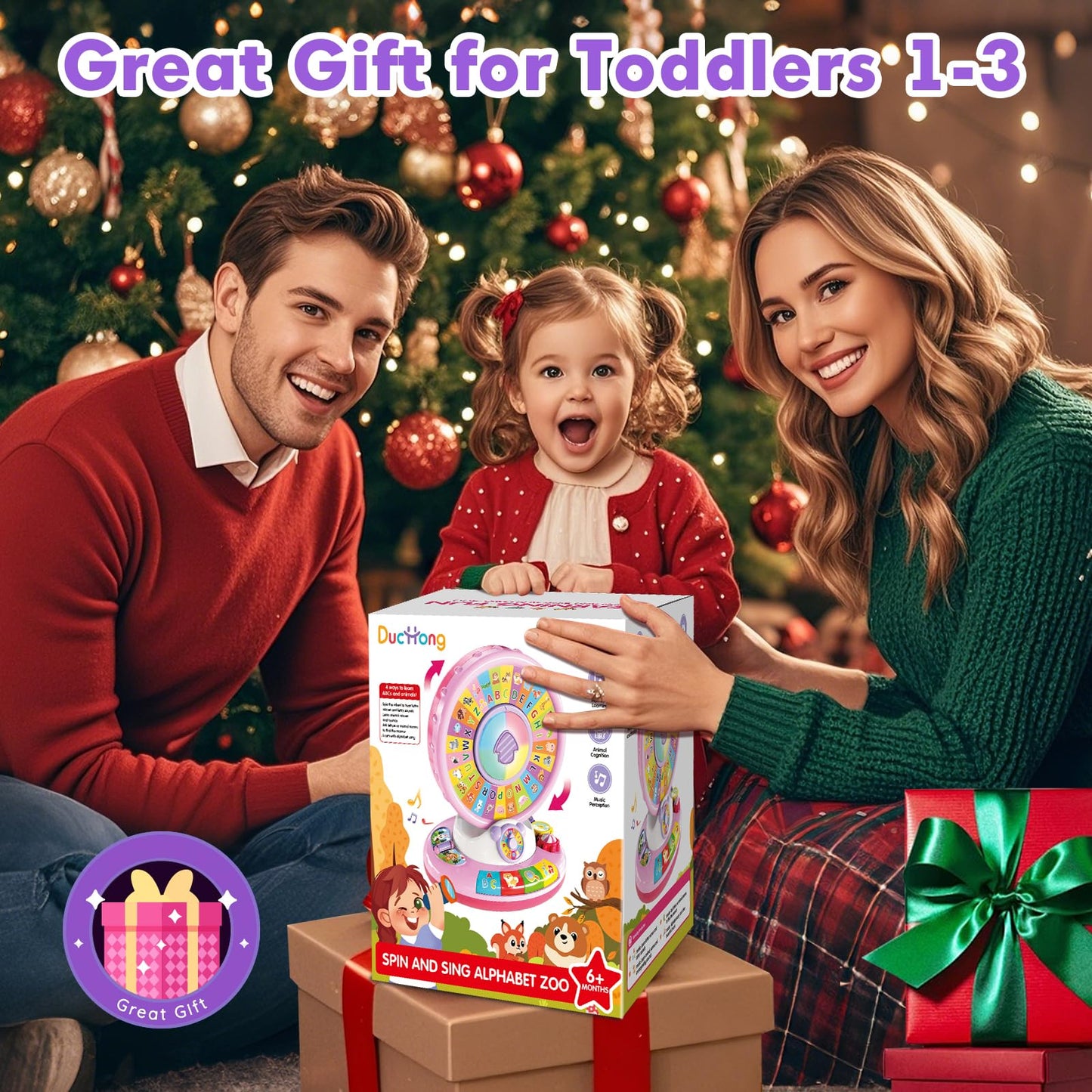 Duchong Learning Toy for 1 2 3 Year Old Girls, Spin and Sing Alphabet Zoo with Sounds, Interactive Educational Toys for Toddlers 1-3, Christmas 1st Birthday Gifts for Baby Girls Boys 9-12-18 Months
