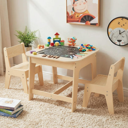 INFANS Kids Table and Chair Set, 3 in 1 Wooden Activity Table with Removable Tabletop, Blackboard and Whiteboard for Toddlers Arts Crafts Drawing Reading Playing, Playroom Nursery (Natural)