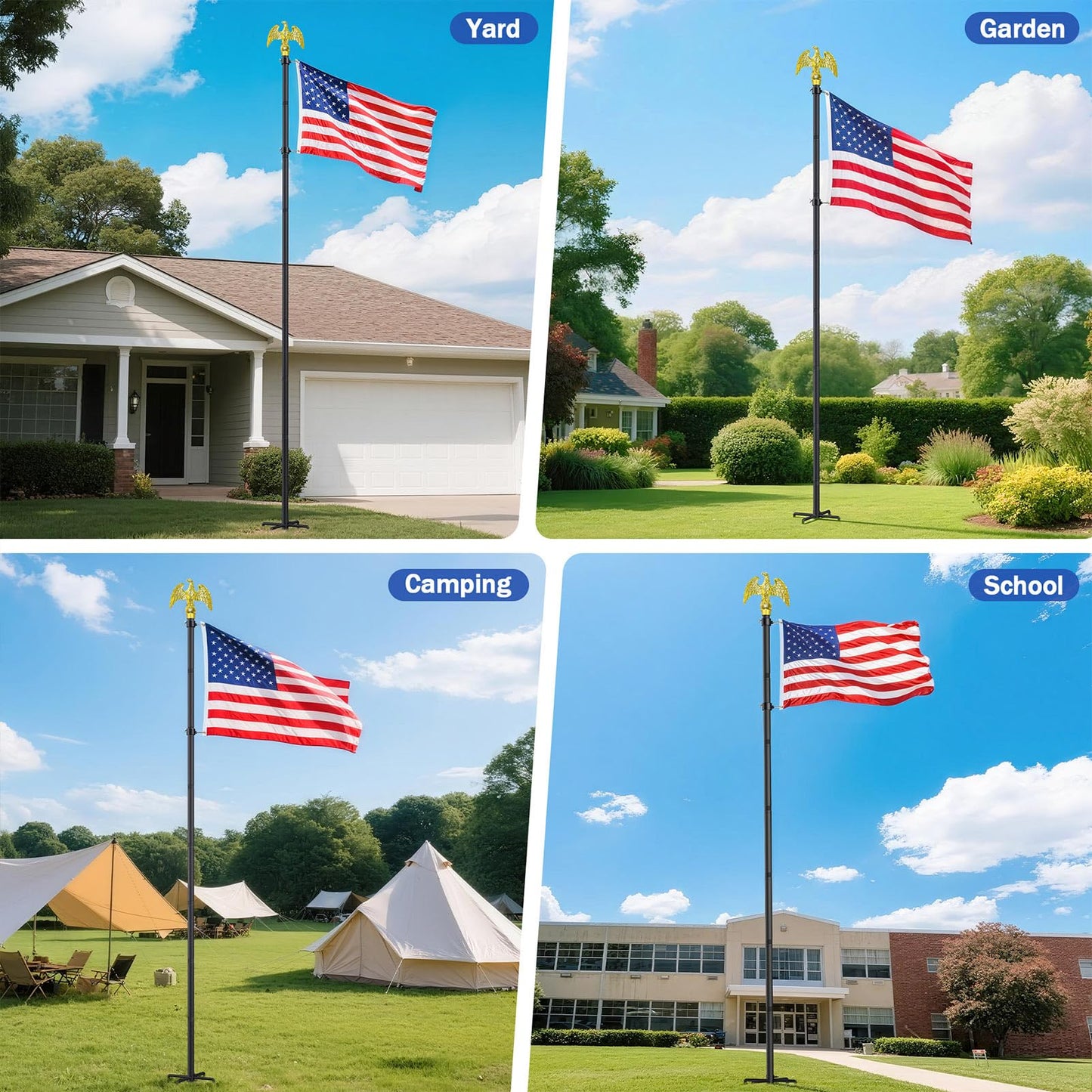 Flag Pole for Outside House, Outdoor Black Heavy Duty 10 FT Flag Pole Kit, for Residential or Commerical, Tangle Free Flagpole (Include American 3 X 5 Flag, 5 Pronges Base, Eagle Shaped Head)
