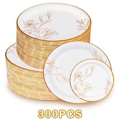 300/200/100 Disposable Tableware Set, Golden Disposable Paper Plates, 9'' Disposable Dinner Plates, 7'' Dessert Plates, Minimalist Family-size Disposable Dinnerware For Wedding Birthday Banquet Anniversary Picnic Thanksgiving Christmas Party Decor