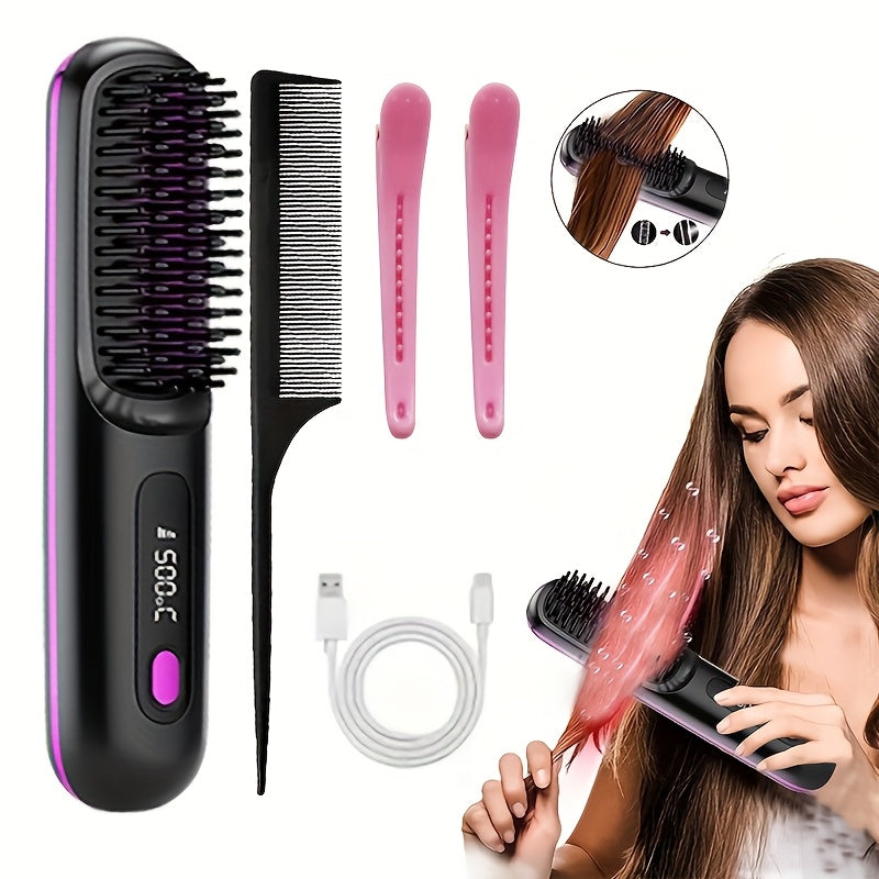 Portable Wireless Hair Straightener Comb | USB Charging, 3-speed Temperature Control, Negative Ion Technology, Long-lasting Luster, LED Display, Lightweight, Perfect for Travel, Includes Comb and Clip.