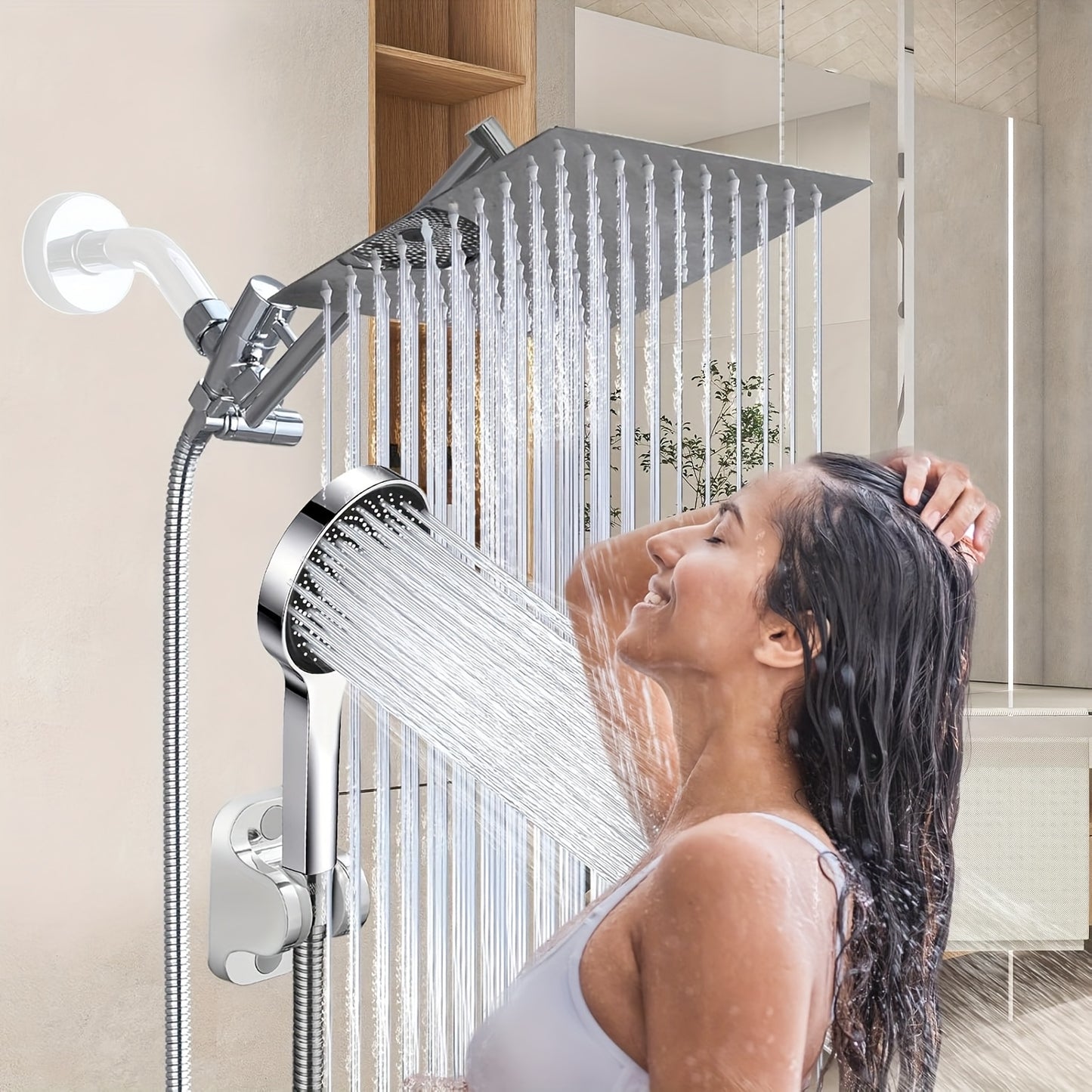 Shower Head, High Pressure Rainfall/Handheld Shower Combo with 11'' Extension Arm, 3 Settings, Anti-Leak Shower Head with Holder, Height/Angle Adjustable, Chrome, Matte Black