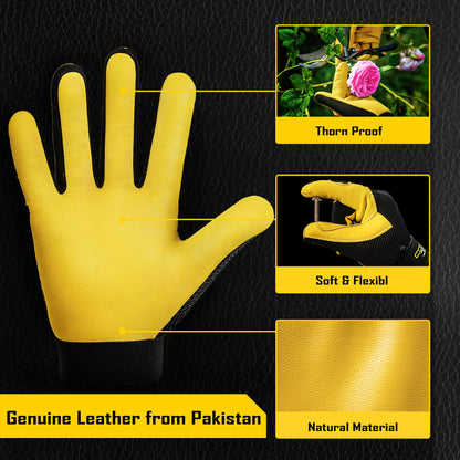 COOLJOB Breathable Mesh Cowhide Leather Work Gloves with Grip, Thorn Resistant Gloves for Gardening Pruning, 1 Pair, M