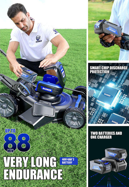 Wild Badger Power 40V 21″ Cordless Lawn Mower Brushless, 6,534 sq ft/0.15 ac, 2×4.0Ah Batteries & Fast Charger, 7-Position Heights,for Medium-to-Large Lawns