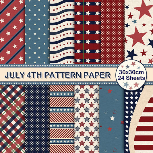 Whaline 24 Sheet 4th of July Pattern Paper Pack Vintage Star Scrapbook Specialty Paper Double-Sided Collection Decorative Patriotic Craft Papers Folded Flat for Card Making Scrapbook Photo Album Decor