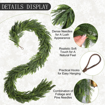 Fovths 9 Ft Christmas Garlands with Lights and Bells Real Touch Norfork Pine Garland Artificial Greenery Garlands for Christmas Mantle, Table Indoor Outdoor Decorations, Green