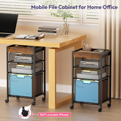SWTYMIKI Rolling File Cart with Drawers - 4 Tier Under Desk Storage Craft Rolling Organizer Cart - Office Storage &Organization, Mobile Metal Filing Cabinet for Office and Home Espresso
