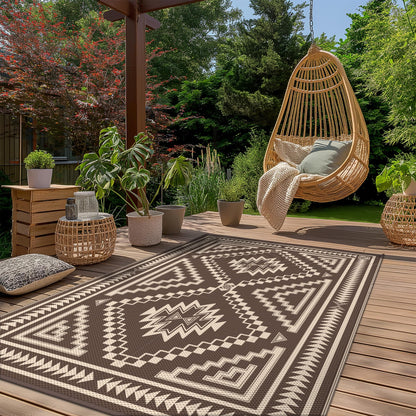 GENIMO Outdoor Rug for Patio Clearance - 8x10 ft Waterproof Plastic Camping Rugs, Reversible Outside Rv Mat Carpet for Porch, Deck, Picnic, Balcony, Beach, Backyard, Coffee Beige
