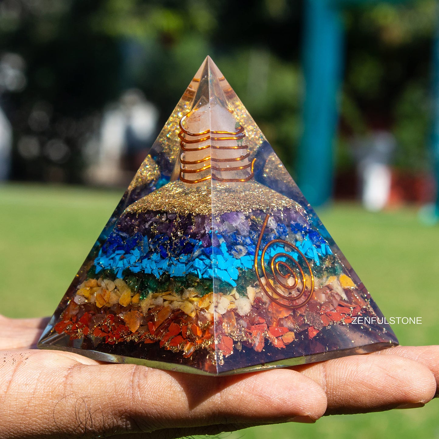 7 Chakra Orgonite Pyramid for Energy Generator Crystal Pyramid for Balancing Energy, Spiritual Alignment | Handmade Orgonite pyramids with Copper Coil and Crystal Quartz for Chakra Protection)
