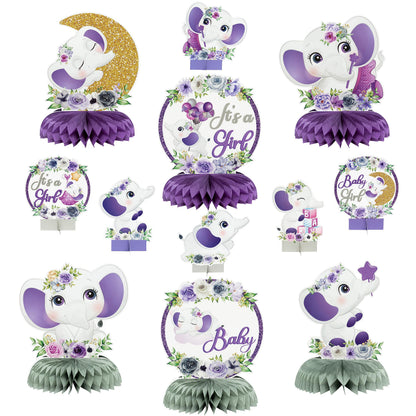 12 Pcs Purple Floral Elephant Honeycomb Centerpieces - Girl Baby Shower Party Table Decorations - Welcome Baby Party Table Toppers - Photo Props Decor