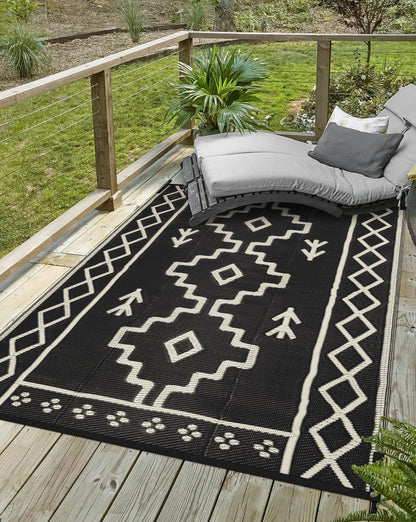 Uphome Outdoor Plastic Straw Rug, 6x9 ft, Reversible Waterproof, Black Boho Patio Rug, RV Camping Rug for Outside, Indoor Outdoor Area Rug for Backyard Deck Balcony Picnic