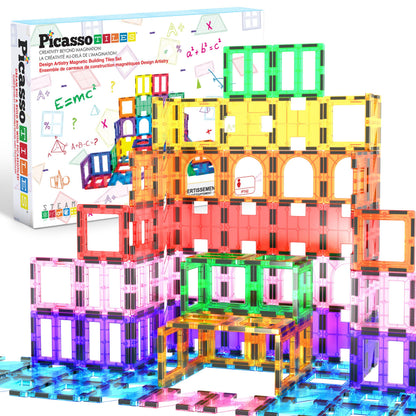 PicassoTiles 42pcs Magnetic Tiles Magnet Blocks See-Through Shape STEM Toys Building Block Educational Playset Compatible with Major Brand Tile -Starter Set for Boys and Girls Toddlers Ages 3+ PT42