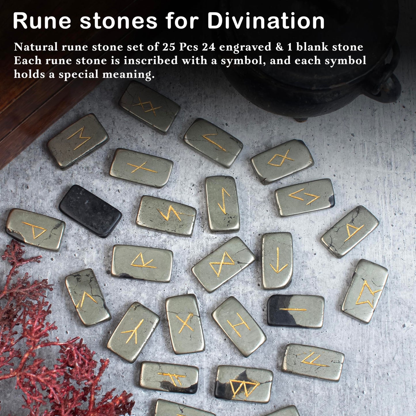Crocon Golden Pyrite Rectangle Shape Gemstone Runes with Elder Futhark Alphabet Engraved 25 pcs Rune Set Crystal Divination Healing Chakra Reiki Runes Set with a Pouch Size : 20-25mm