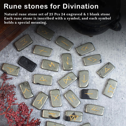 Crocon Golden Pyrite Rectangle Shape Gemstone Runes with Elder Futhark Alphabet Engraved 25 pcs Rune Set Crystal Divination Healing Chakra Reiki Runes Set with a Pouch Size : 20-25mm