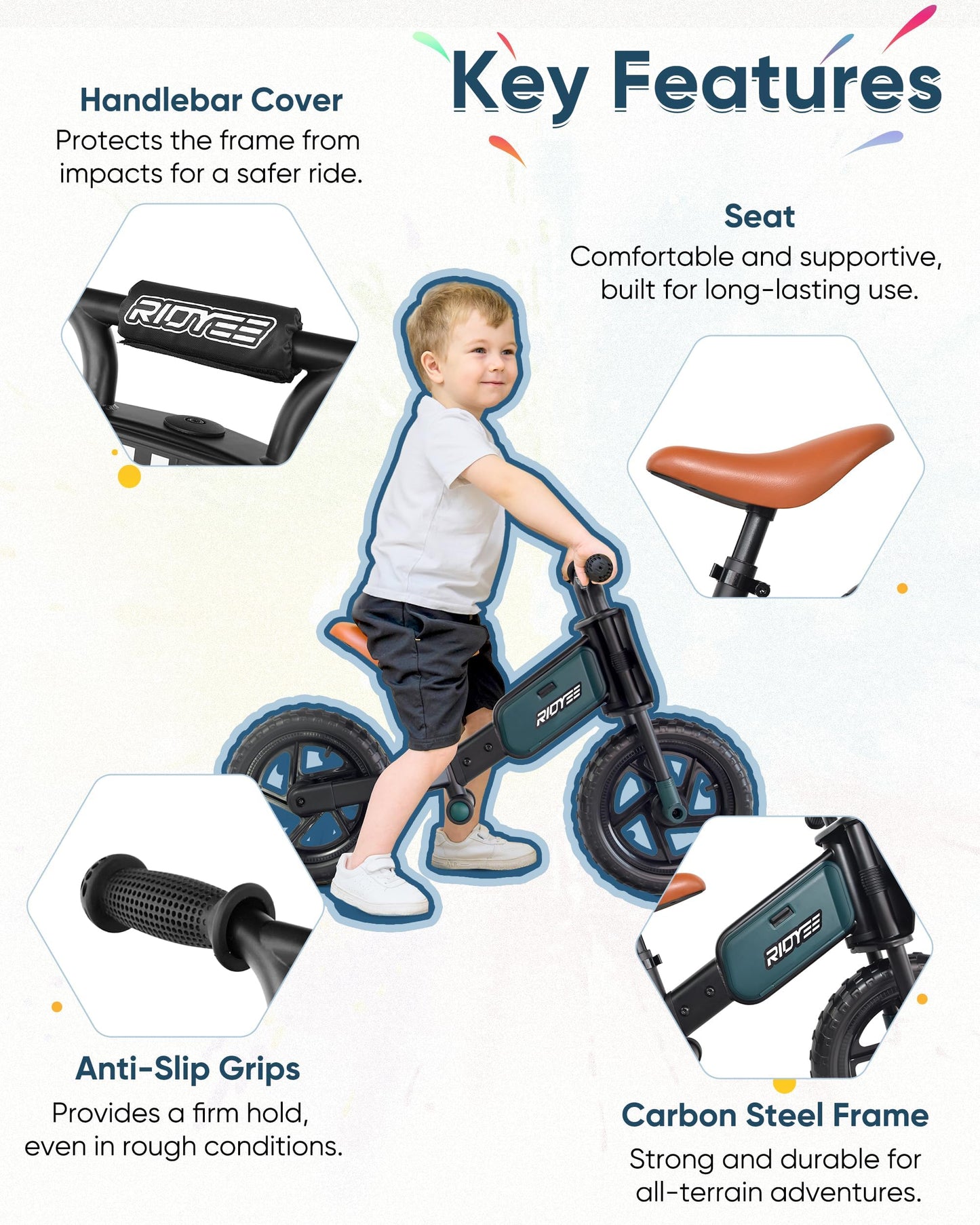 RIDYEE Toddler Balance Bike 2 Year Old, Kids Balance Bike for 2 to 5 Year with Tool-Free Adjustment, Limited Steering, Footrest, Custom Name Plate with Stickers, Gift Bike for 2-3 Boys, Green