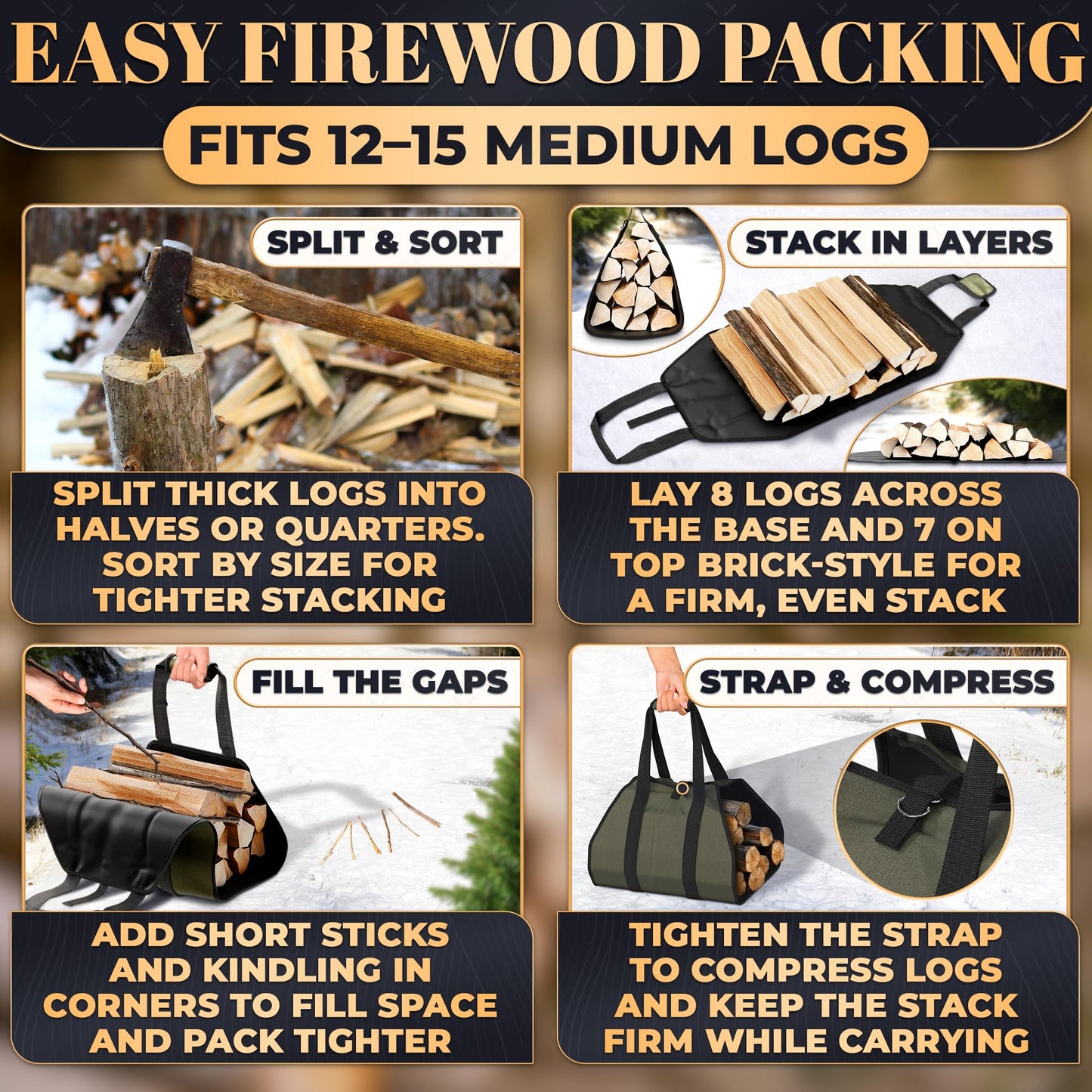 Water-Resistant Firewood Carrier Bag – 39.4"x18.5" Waxed Canvas Log Carrier for Firewood, Open-Ended Design, Large Capacity Wood Tote with Padded Handles, Buckle Strap & Folds Flat for Easy Storage