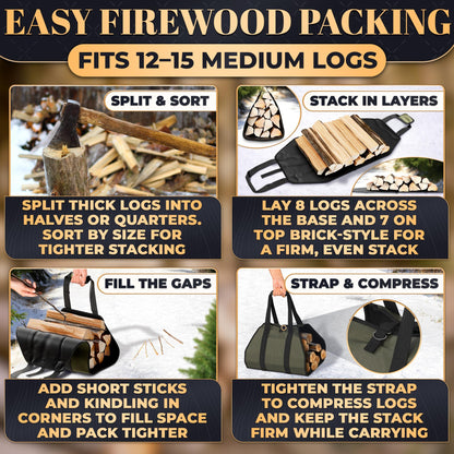 Firewood Carrier Bag 39.4"×18.5" – Waxed Canvas Wood Carrier for Firewood with Reinforced Handles, Hook-and-Loop Grip & Center Strap, Water-Resistant Design with Dust-Blocking Liner | Good for Gifting