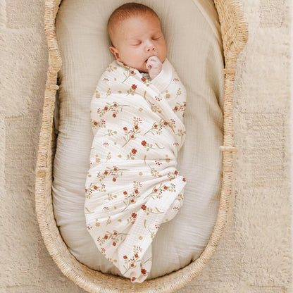 Konssy Muslin Swaddle Blankets for Girls Boys 2 Pack, 100% Cotton Receiving Baby Blanket Large 47 x 47 inches, Soft Breathable Swaddling Wrap for Unisex Newborn (Chestnut, Posy)