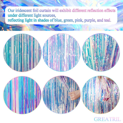 Iridescent Party Streamers Backdrop - GREATRIL Neon Transparent Holographic Tinsel Foil Fringe Curtain for Mermaid/Frozen/Sea/Euphoria/ERAS Party Theme Decorations 3.2ft x 6.5ft 2 PCS