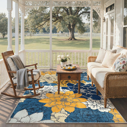 GENIMO Indoor Outdoor Area Rug 5'x8', Machine Washable Rugs for Patio, Waterproof, Non-Slip Easy Cleaning Floral Outdoor Mat Carpet for Living Room, Bedroom, RV, Balcony, Deck, Camping, Navy Blue