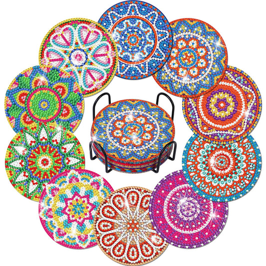 Billbotk Diamond Painting Coasters Kit, 10 Pieces Mandala Diamond Art Coasters with Holder, DIY Diamond Arts and Crafts for Adults