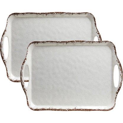 LEHAHA Vintage White Large Serving Tray with Handles, 17.25x12 inch, Set of 2 Melamine Platters for Serving Food, Turkey, Cookie, Rectangular Trays for Eating, Crackled Finish with Rustic Raised Rim.