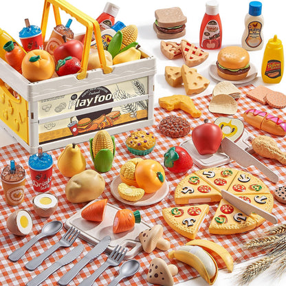 Play Food Sets for Kids Kitchen, Wheat Straw Pretend Food Toys with Kids Picnic Basket and Picnic Blanket, Cutting Toy Food, Fake Food with Pizza Toy, Play Kitchen Accessories, STEM Gift for Boy Girl