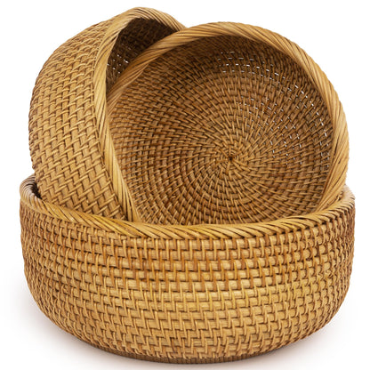 CLAYNIX Woven Fruit Basket For Holder Bowl Decorative Bread Vegetable, Serving Bowl Set of 3 For Organizing Kitchen Natural Rattan Picnic Basket Round Stackable (Natural)